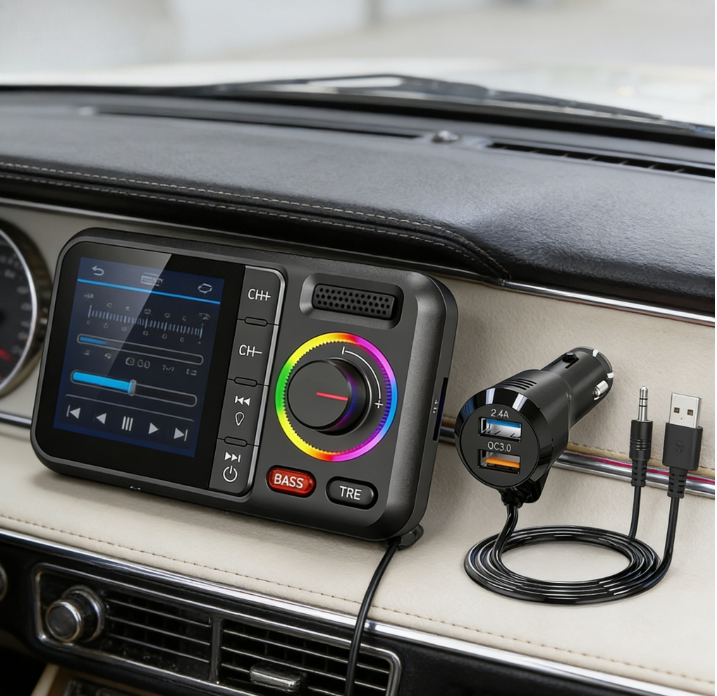 Fm Transmitter - Kabelloser FM-Transmitter mit großem Farbdisplay, 2,4A